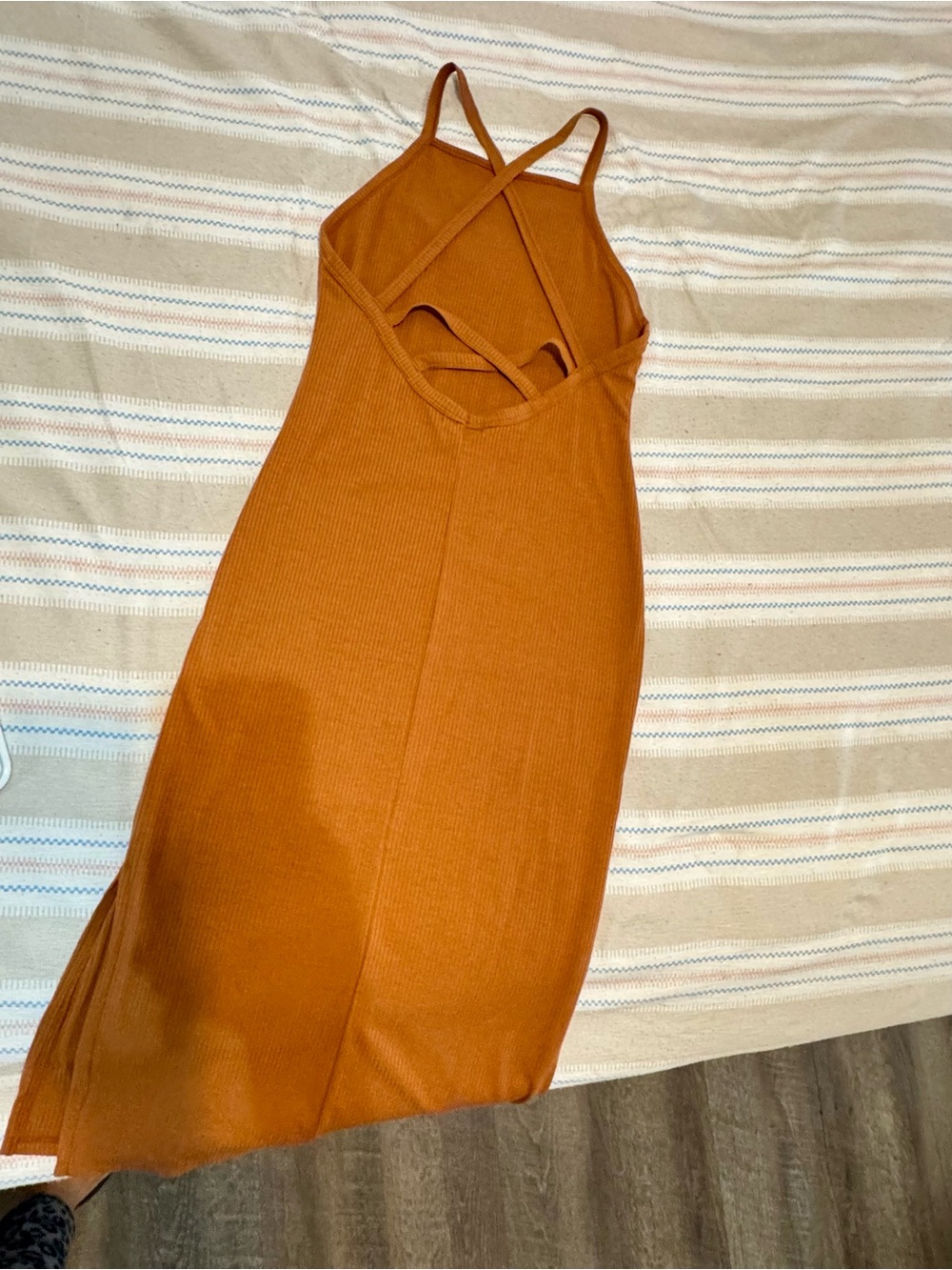 Rust Orange Ribbed Strappy Midi Dress